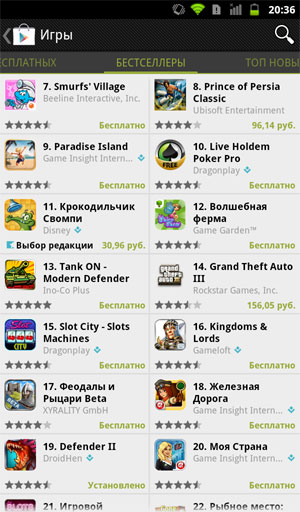 Список части приложений, доступных в Google Play Store на Megafon SP-A20i Mint