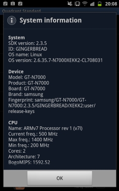 Galaxy Note, информация о системе