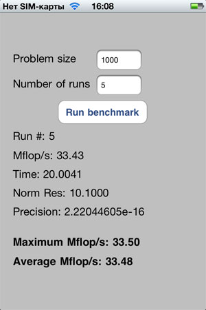 Результаты теста Linpack на iPhone 4